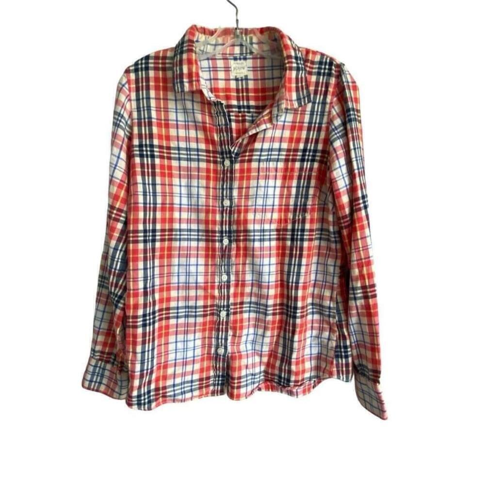 J. Crew Womens Medium Red Blue Plaid The Perfect Shirt Button Long Sleeve Shirt